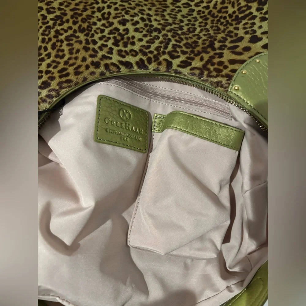 Cole Haan Stephanie Leopard Haircalf Hobo Bag Moss Green Leather NWT $395